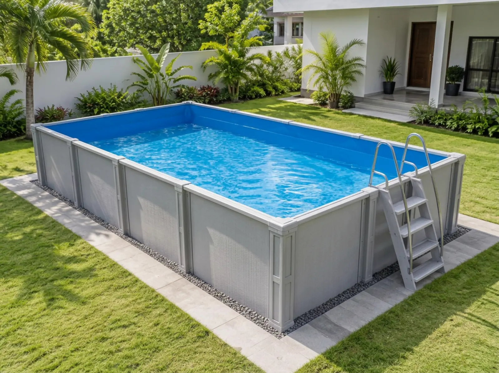 AI-generated illustration of a raised above-ground pool built from FRP wall panels and lined with a blue waterproof membrane