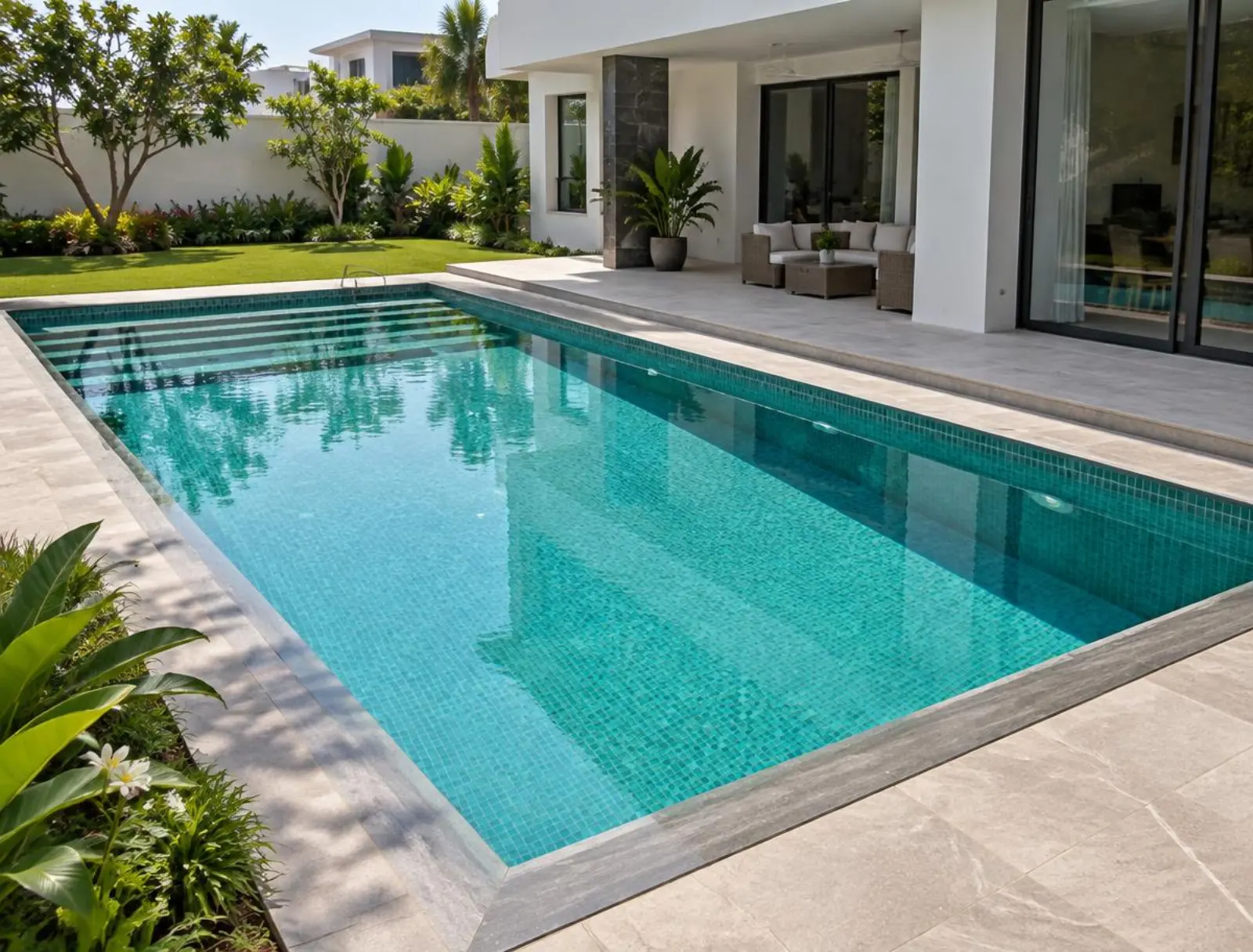 AI-generated illustration of a custom concrete RCC villa pool finished with blue mosaic tiles and a paved deck
