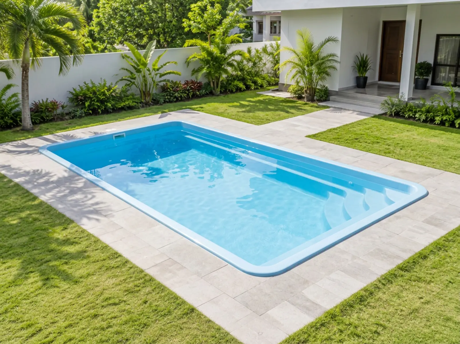 AI-generated illustration of a factory-made single-piece fibreglass pool shell installed in the ground