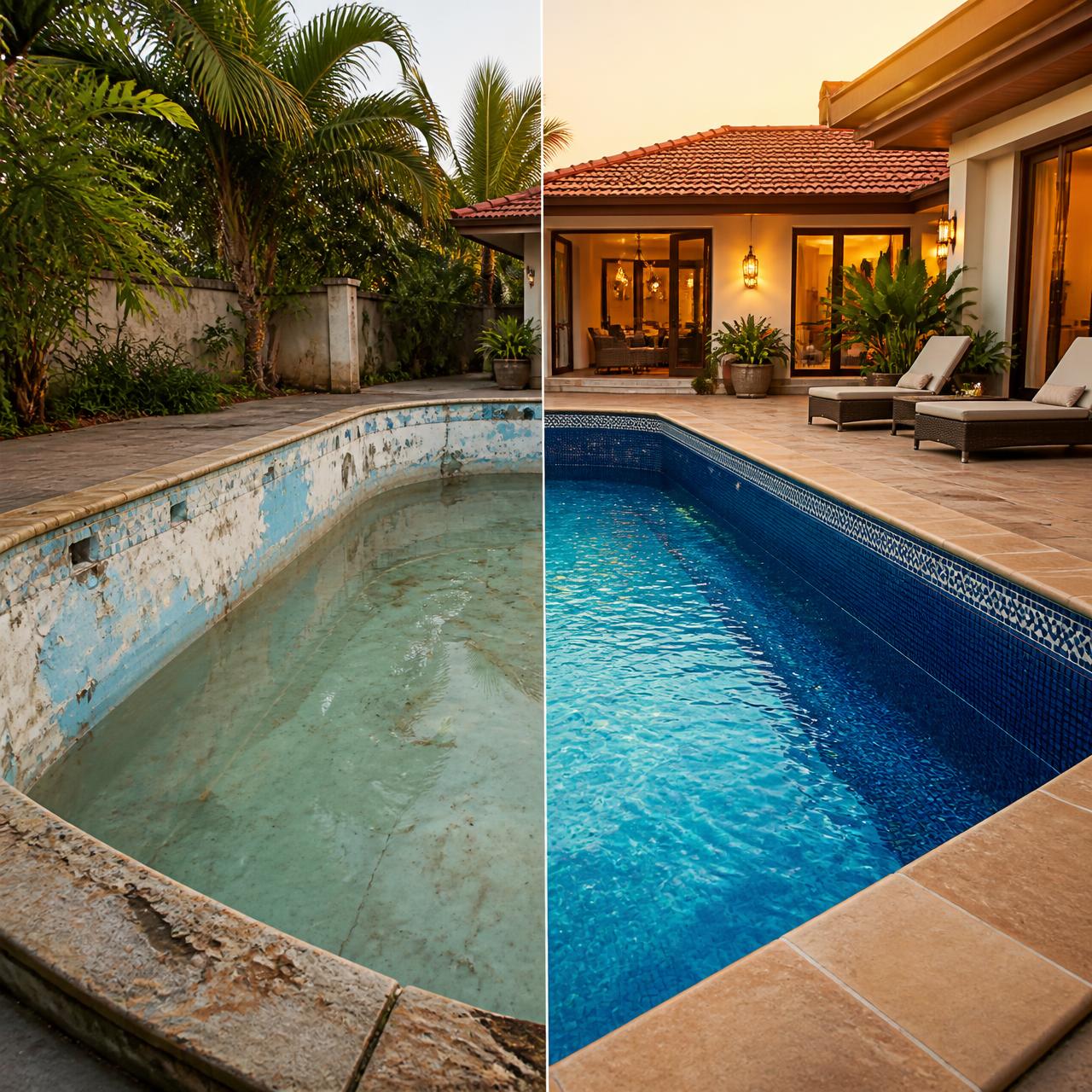 Before and after swimming pool renovation showing a restored deep-blue tiled pool
